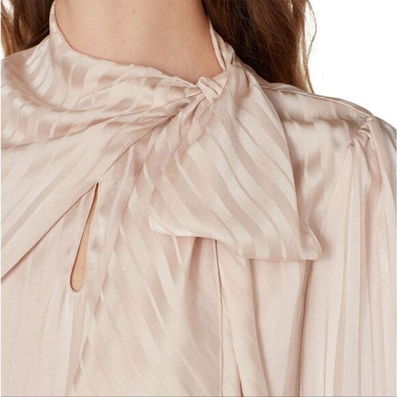 Rebecca Taylor Pink Silk Tonal Kitten Bow Lavaliere Collar Pin Stripe Blouse 12 - Picture 2 of 7